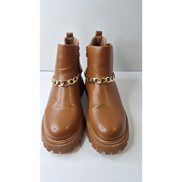 Women's Brown Lugged Sole Chunky Ankle Boots/Booties w/ Gold Chain Sz 10 Grunge - Picture 2 of 11